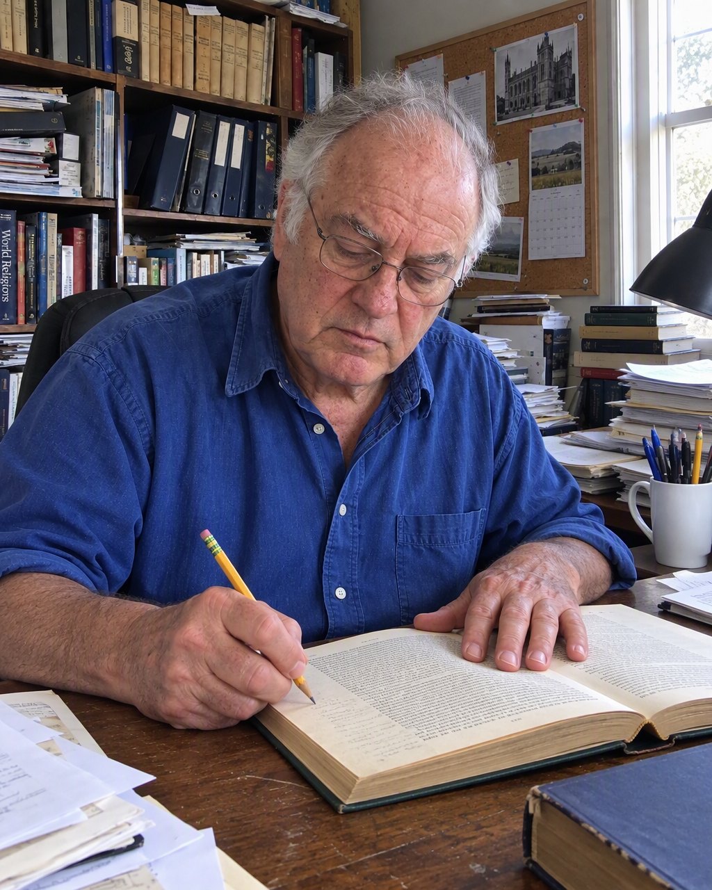 Harold Whitcombe writing notes in the margin of a book